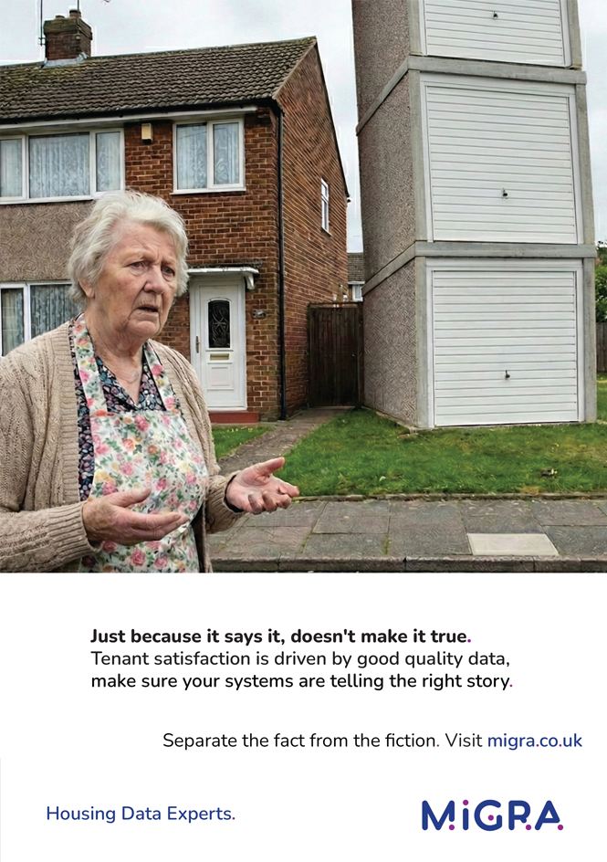 advert for Migra Data featuring a lady in front of a home.
